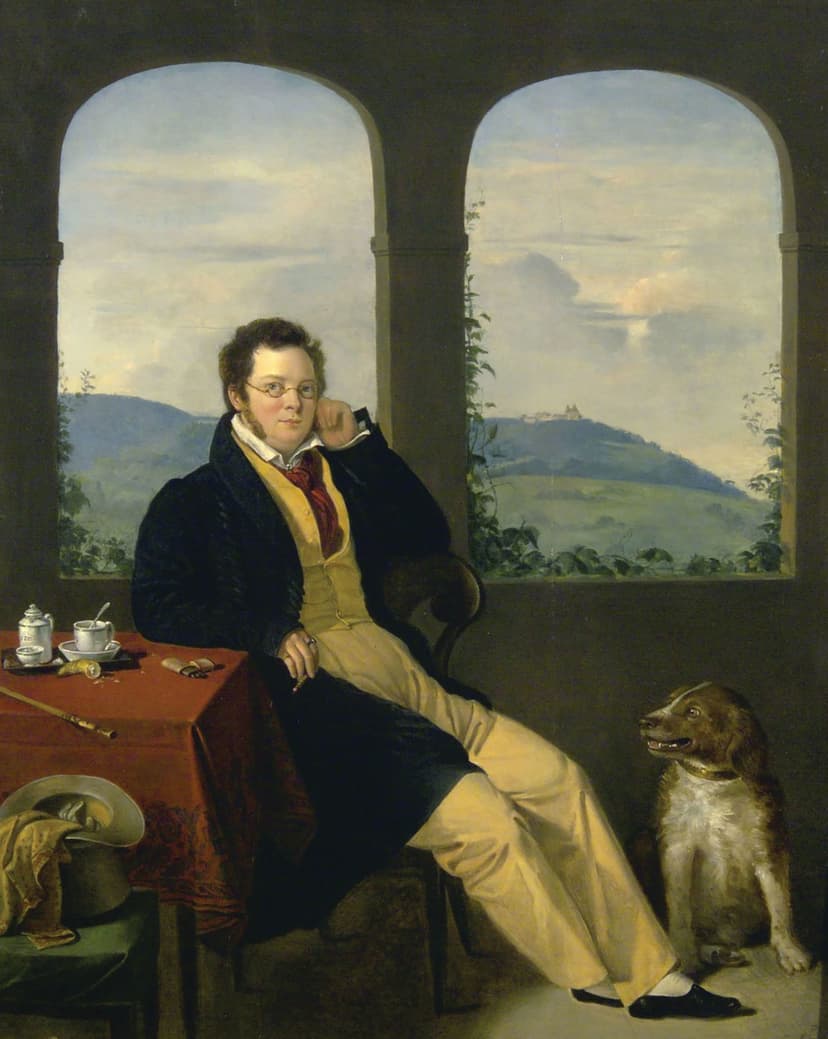 A painting of a man sitting in a chair next to a dog