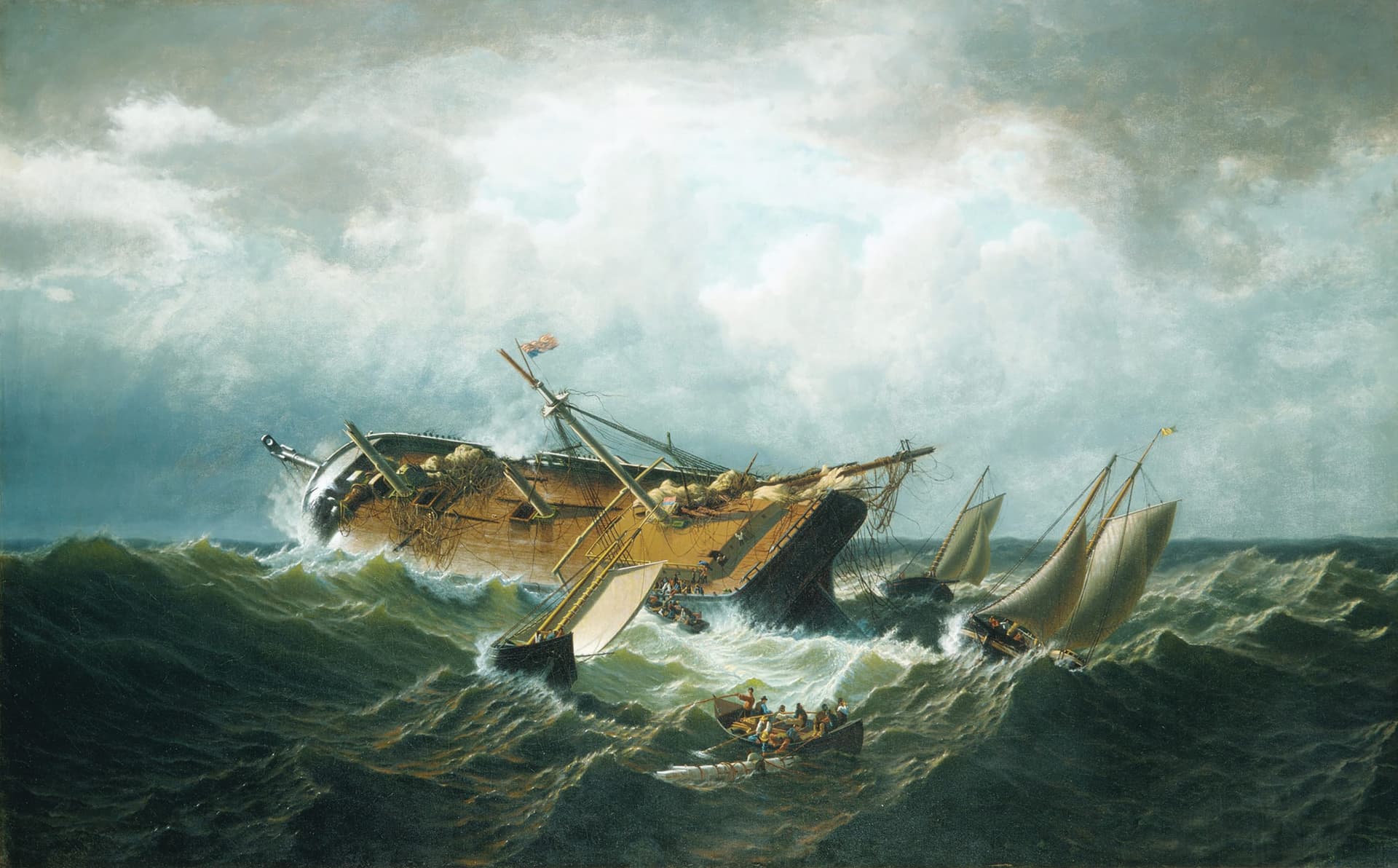 A painting of a boat in rough seas