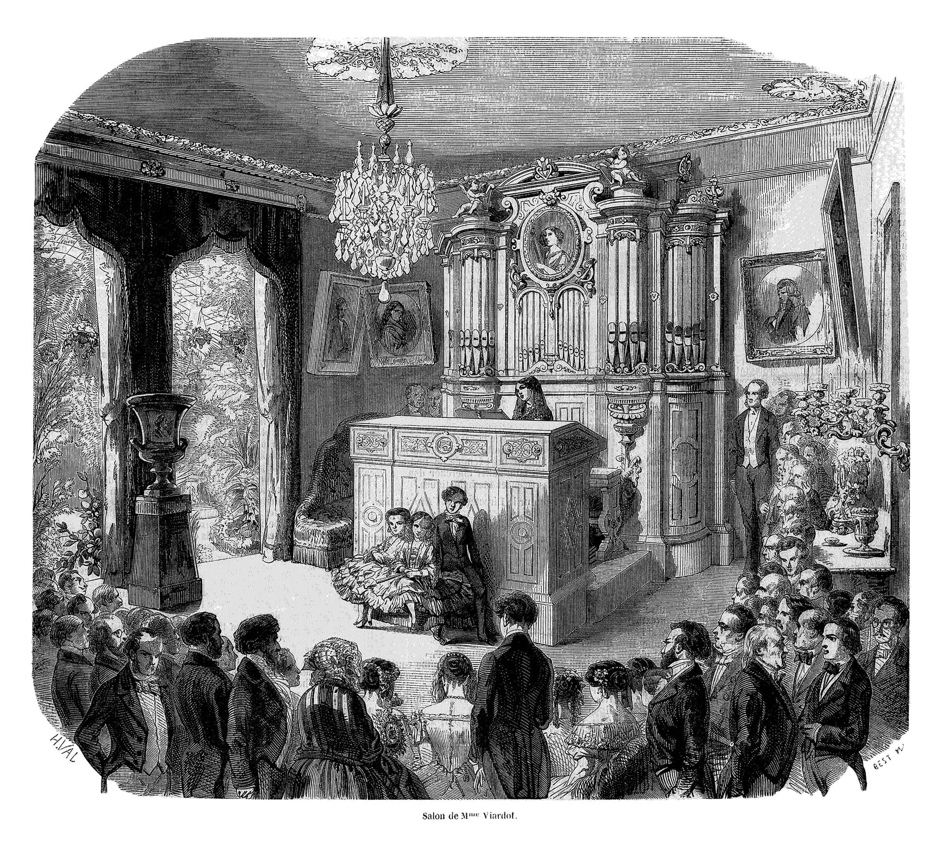 A black and white drawing of a room full of people