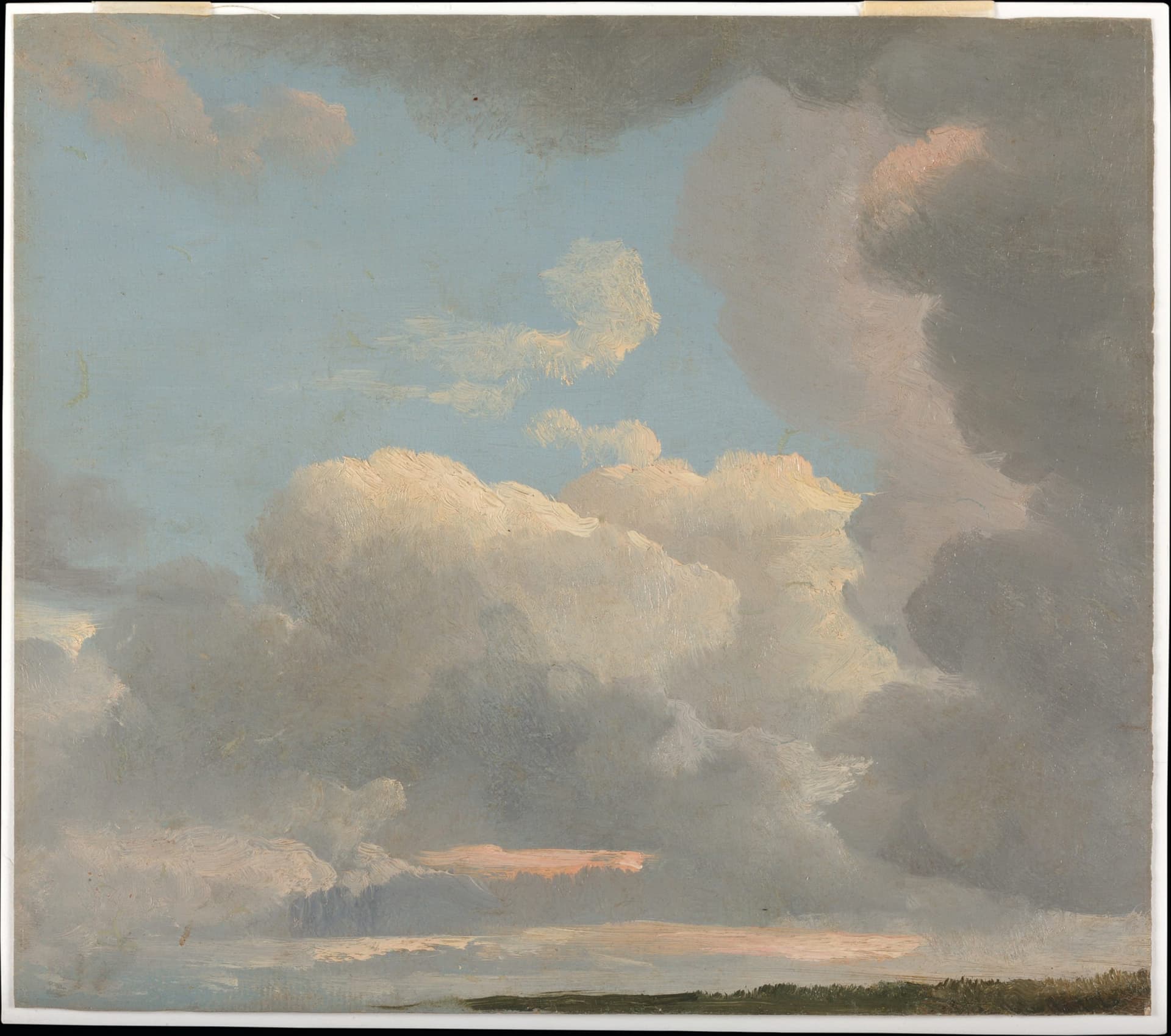 A painting of clouds over a body of water