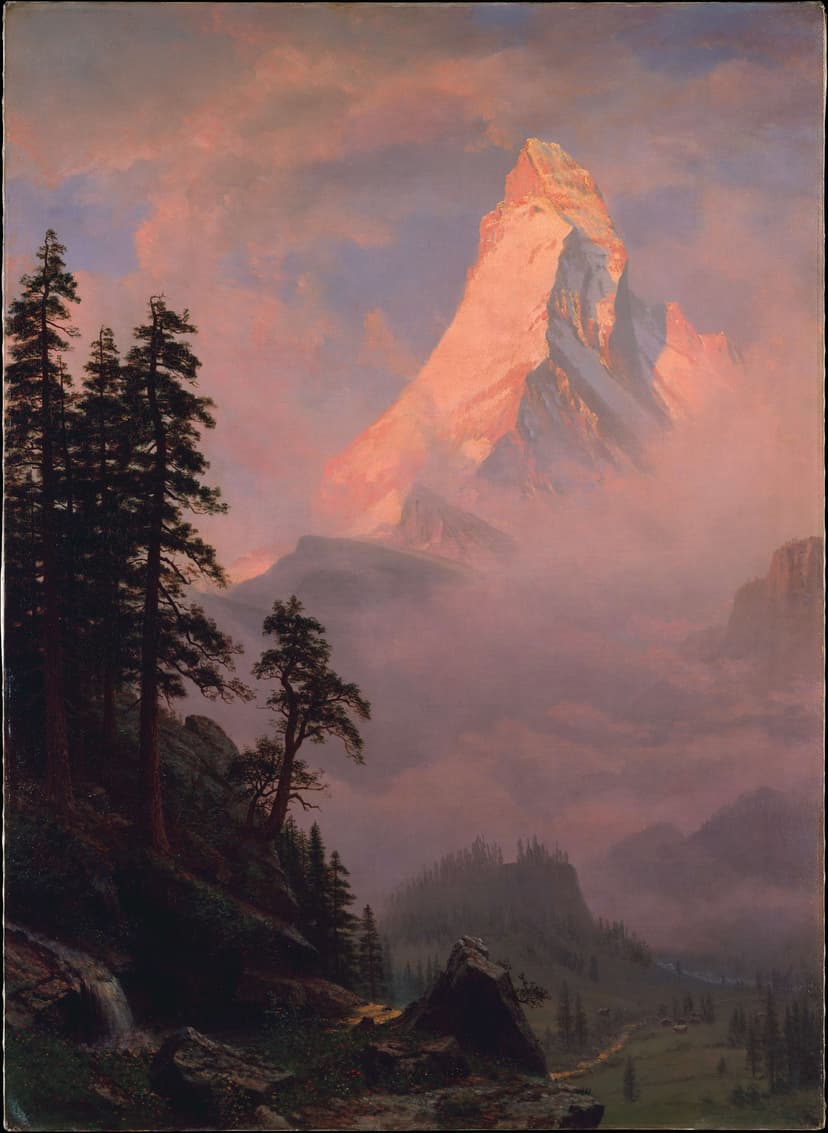 A painting of a mountain with trees in the foreground
