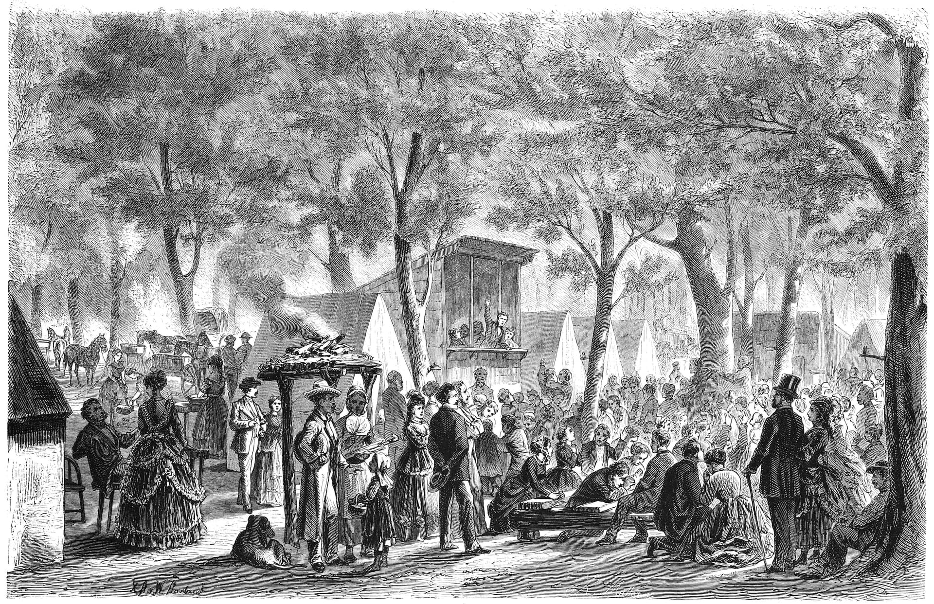 A black and white drawing of a crowd of people
