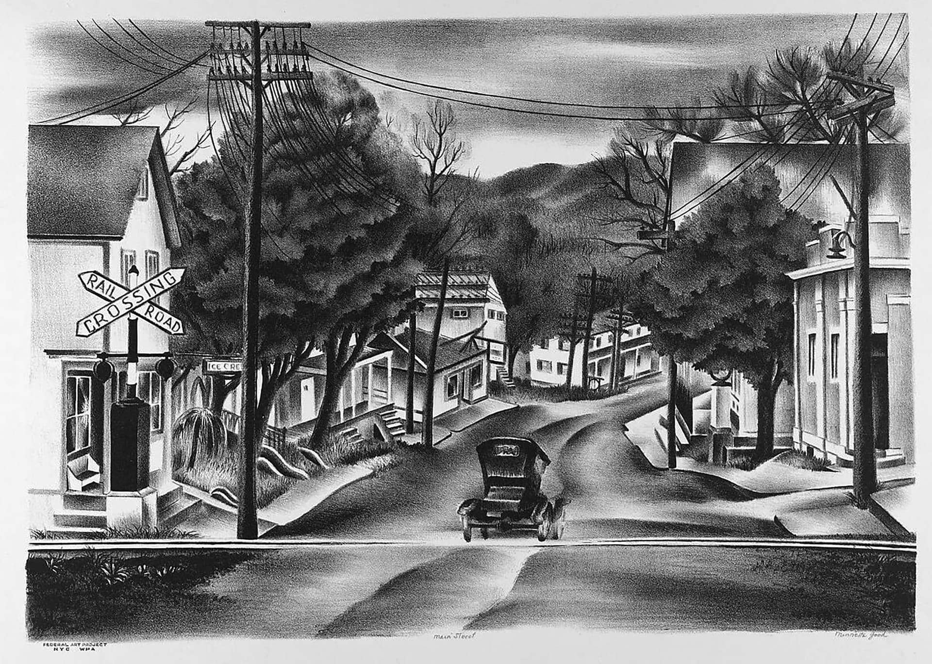 A black and white drawing of a town street