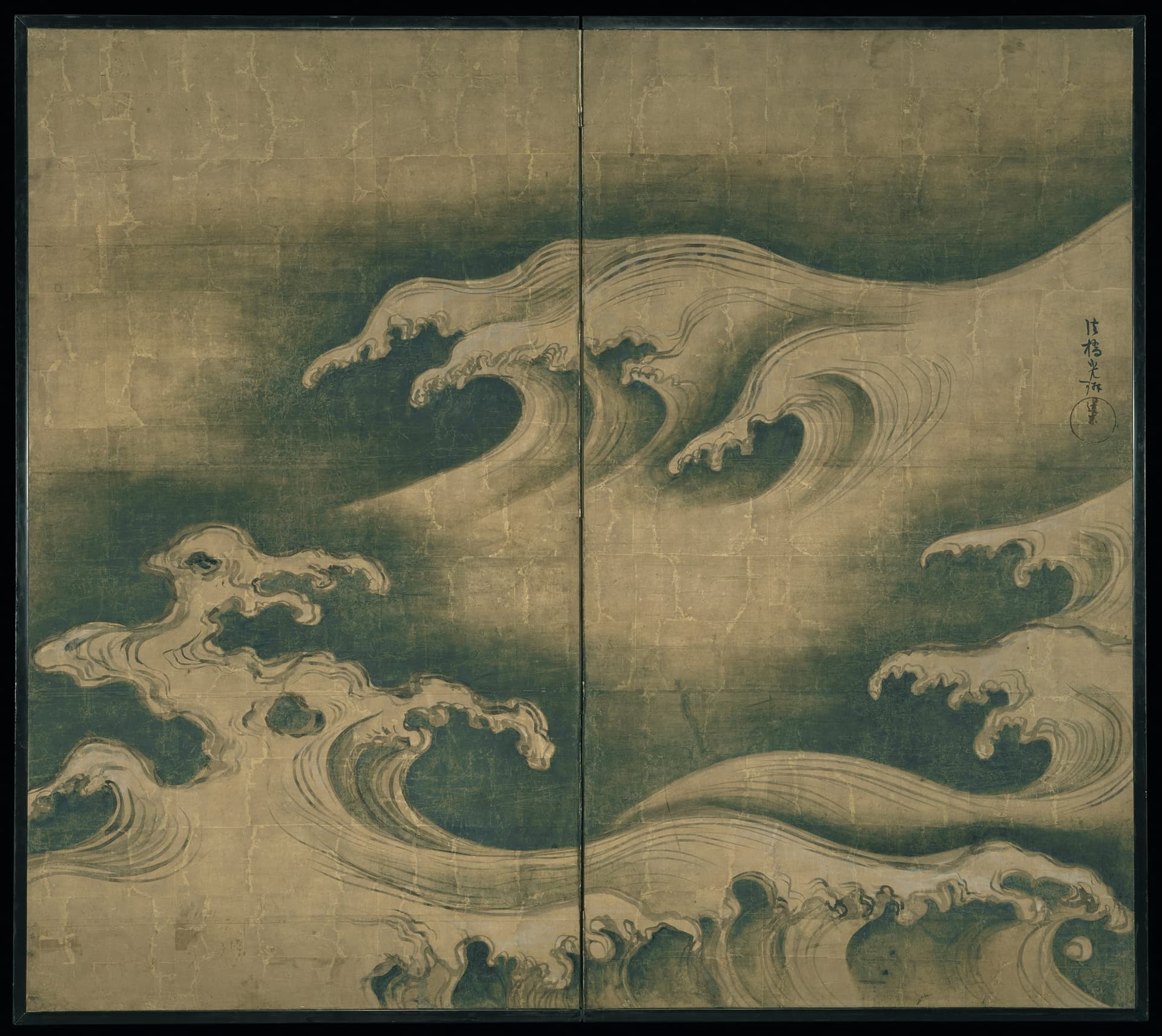 A painting of a wave in the ocean