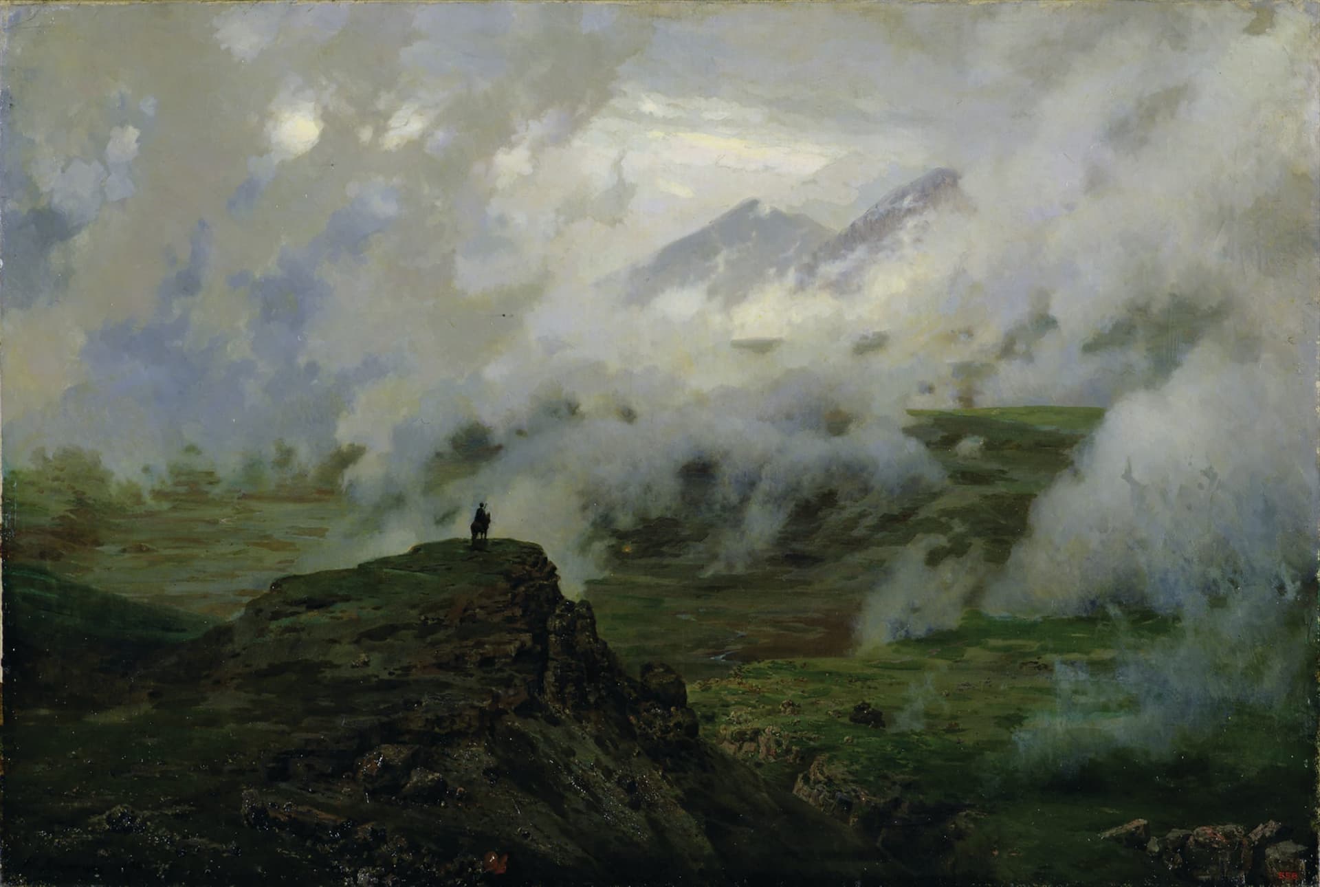 A painting of a man standing on top of a mountain