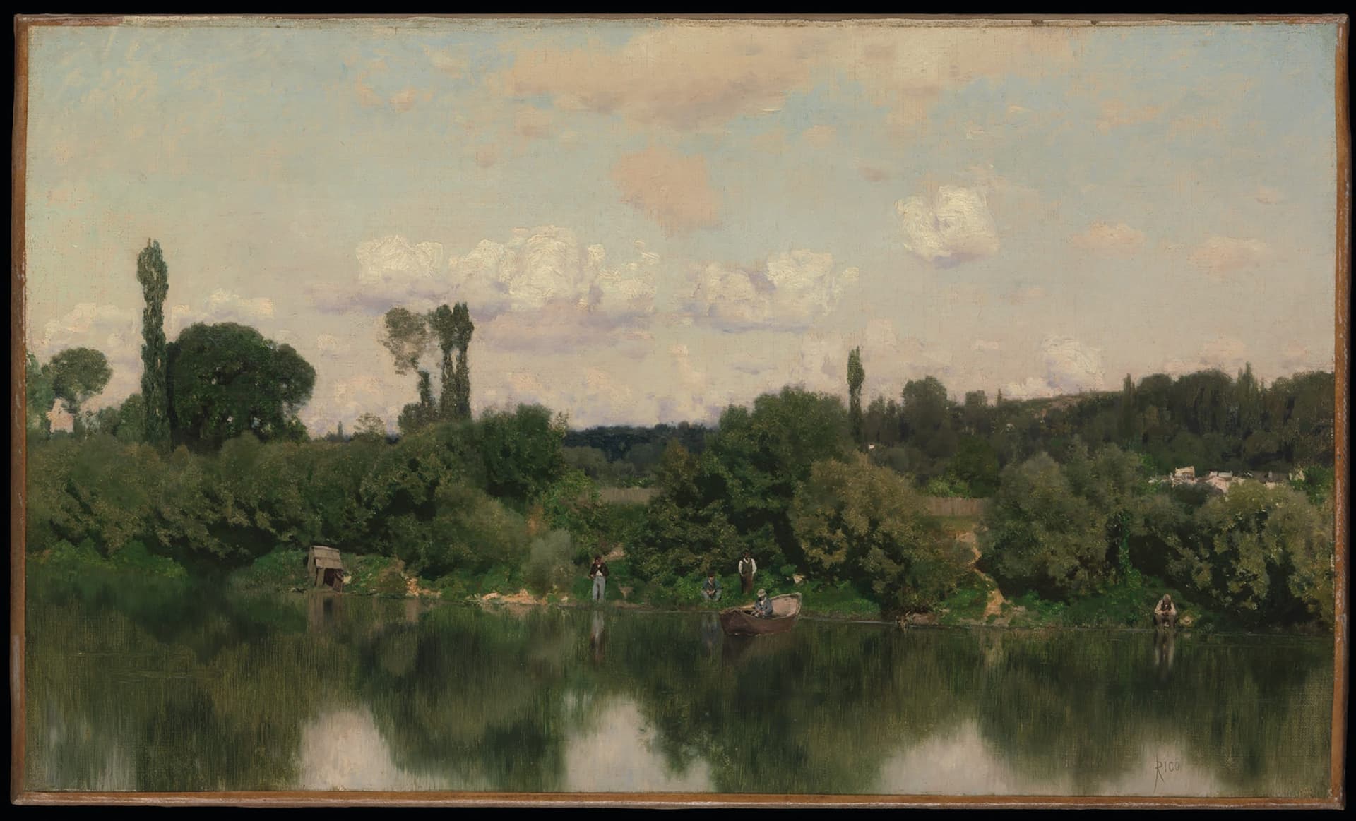 A painting of a lake surrounded by trees
