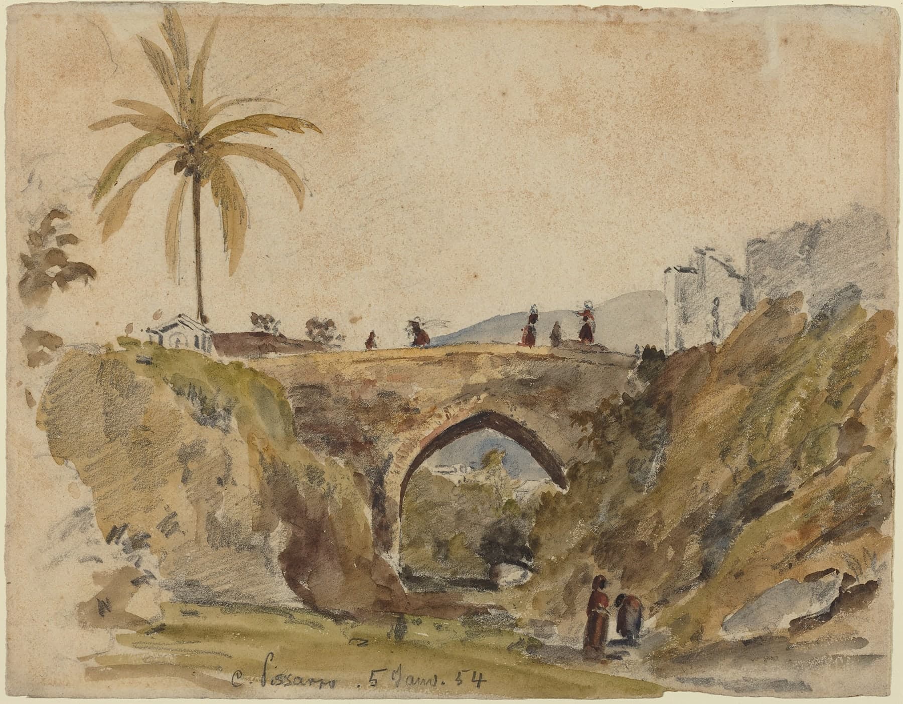A painting of a bridge with a palm tree in the background