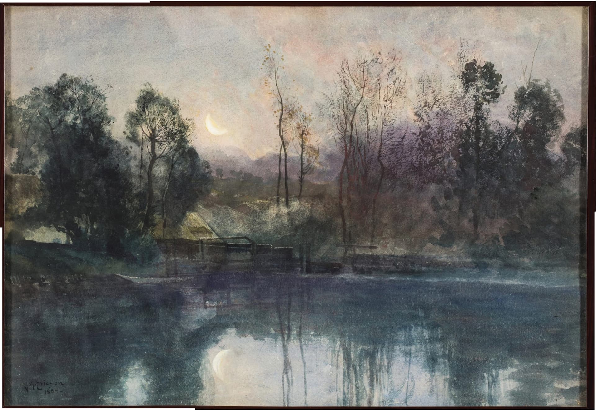 A painting of a lake with trees in the background