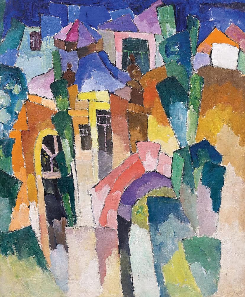 A painting of a city with buildings and trees