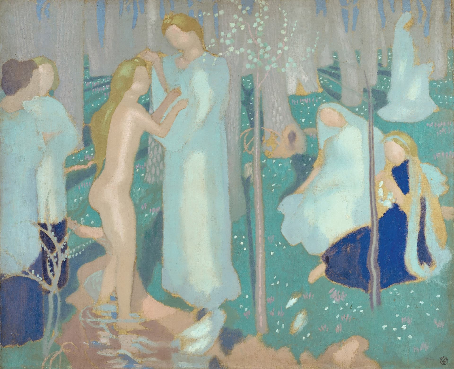 A painting of a group of people in a forest