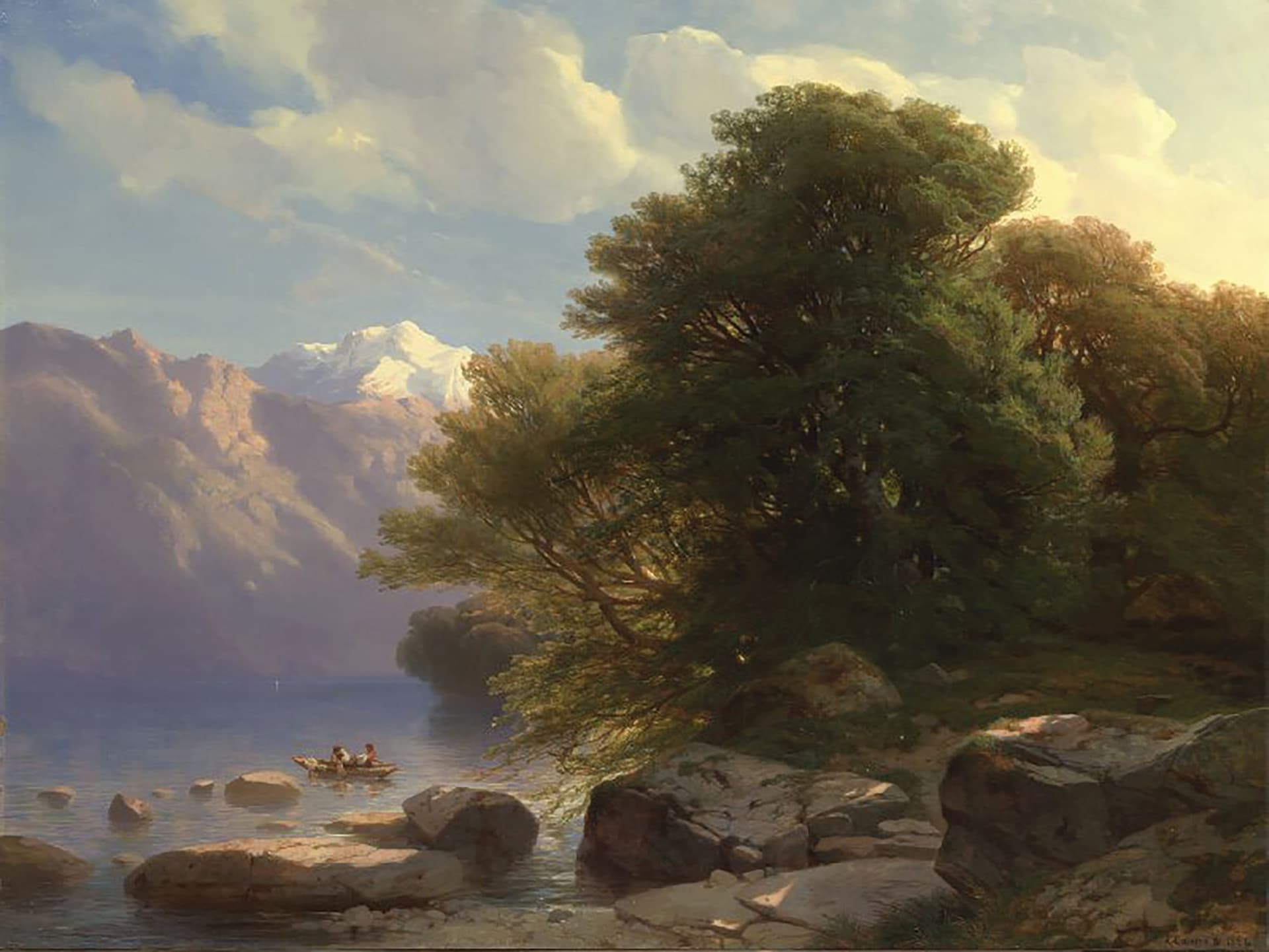 A painting of a lake with a boat in it
