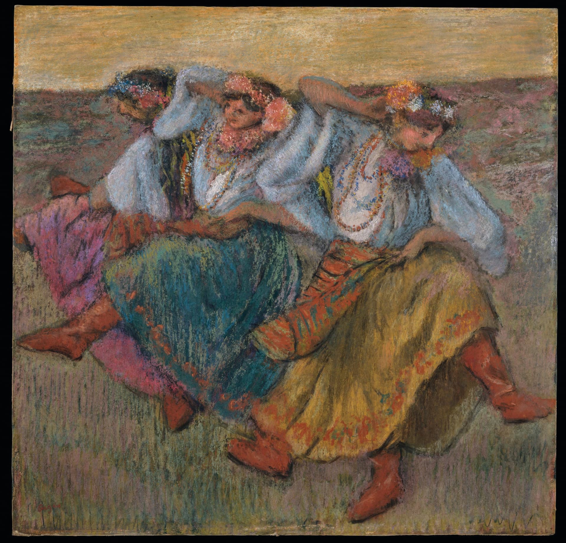 A painting of a group of people sitting together
