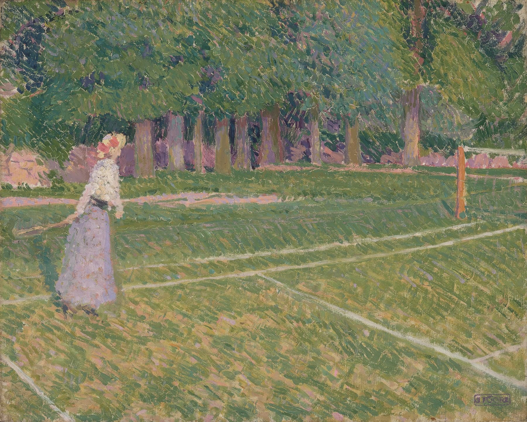 A painting of a woman in a park