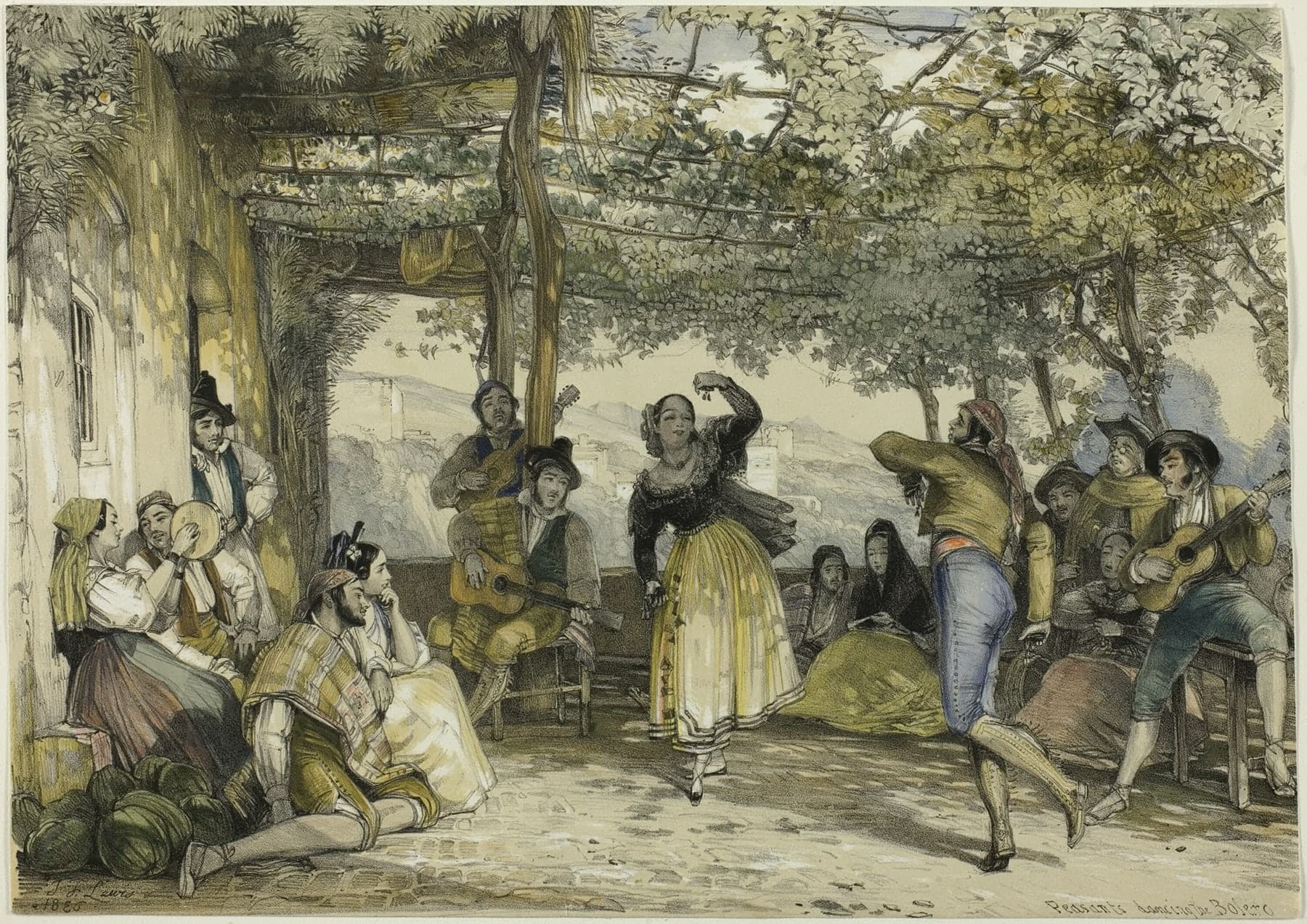 A drawing of a group of people dancing