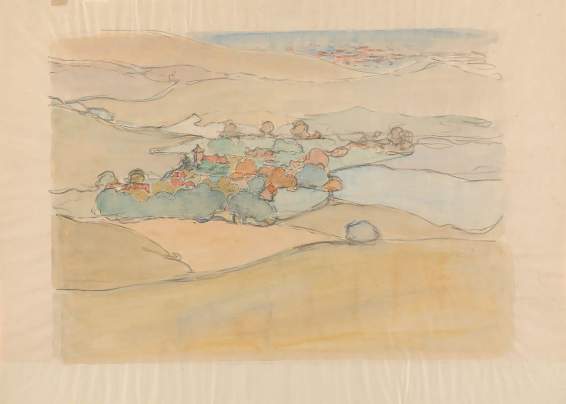 A drawing of a landscape with hills and trees