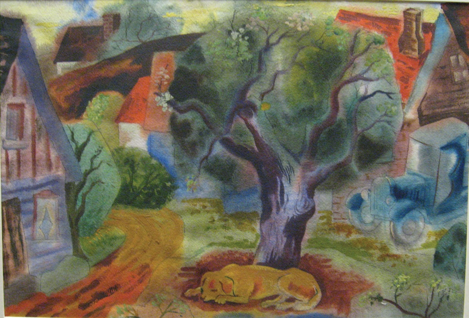 A painting of a dog sleeping under a tree