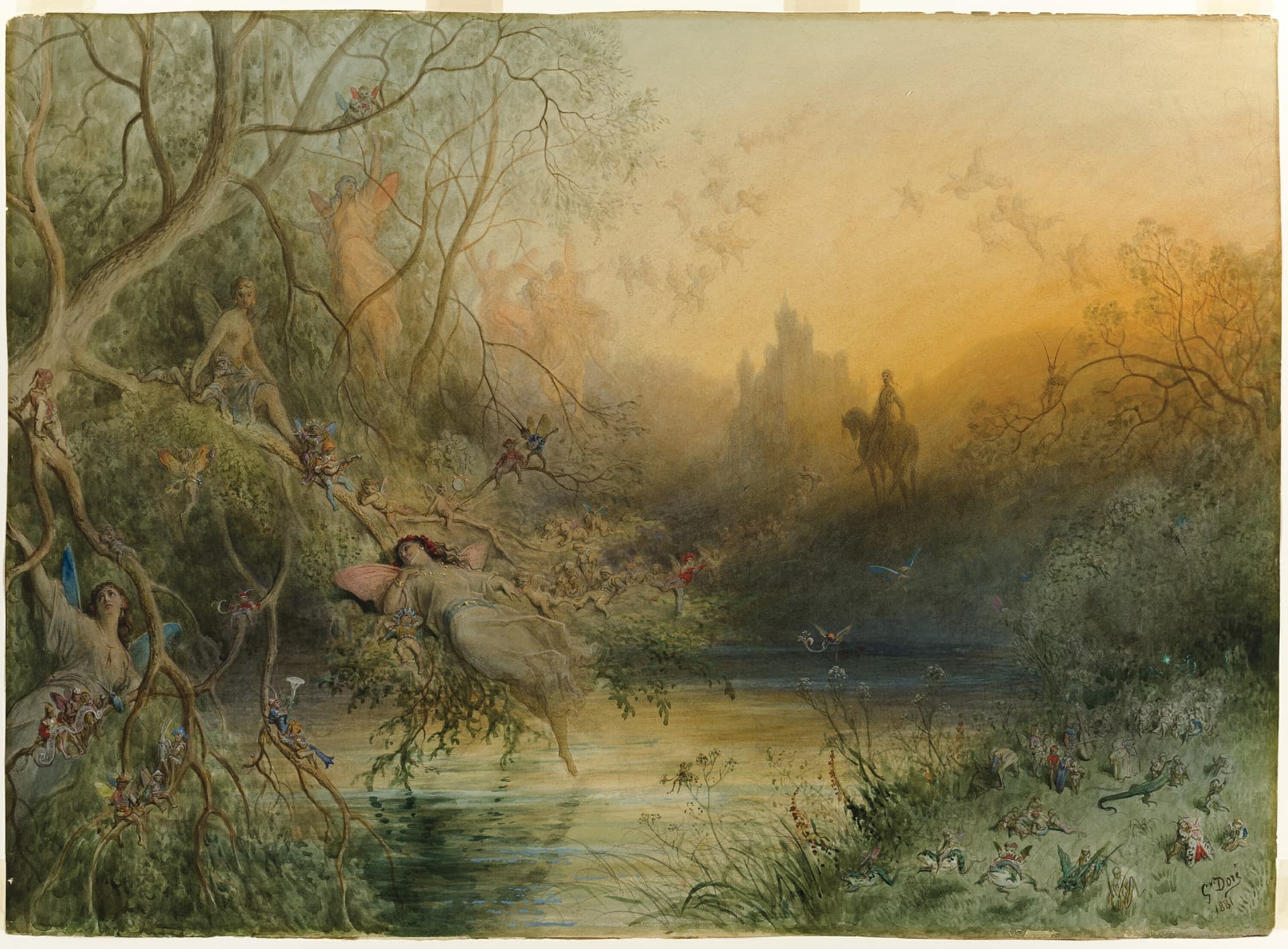 A painting of a man riding a horse next to a river