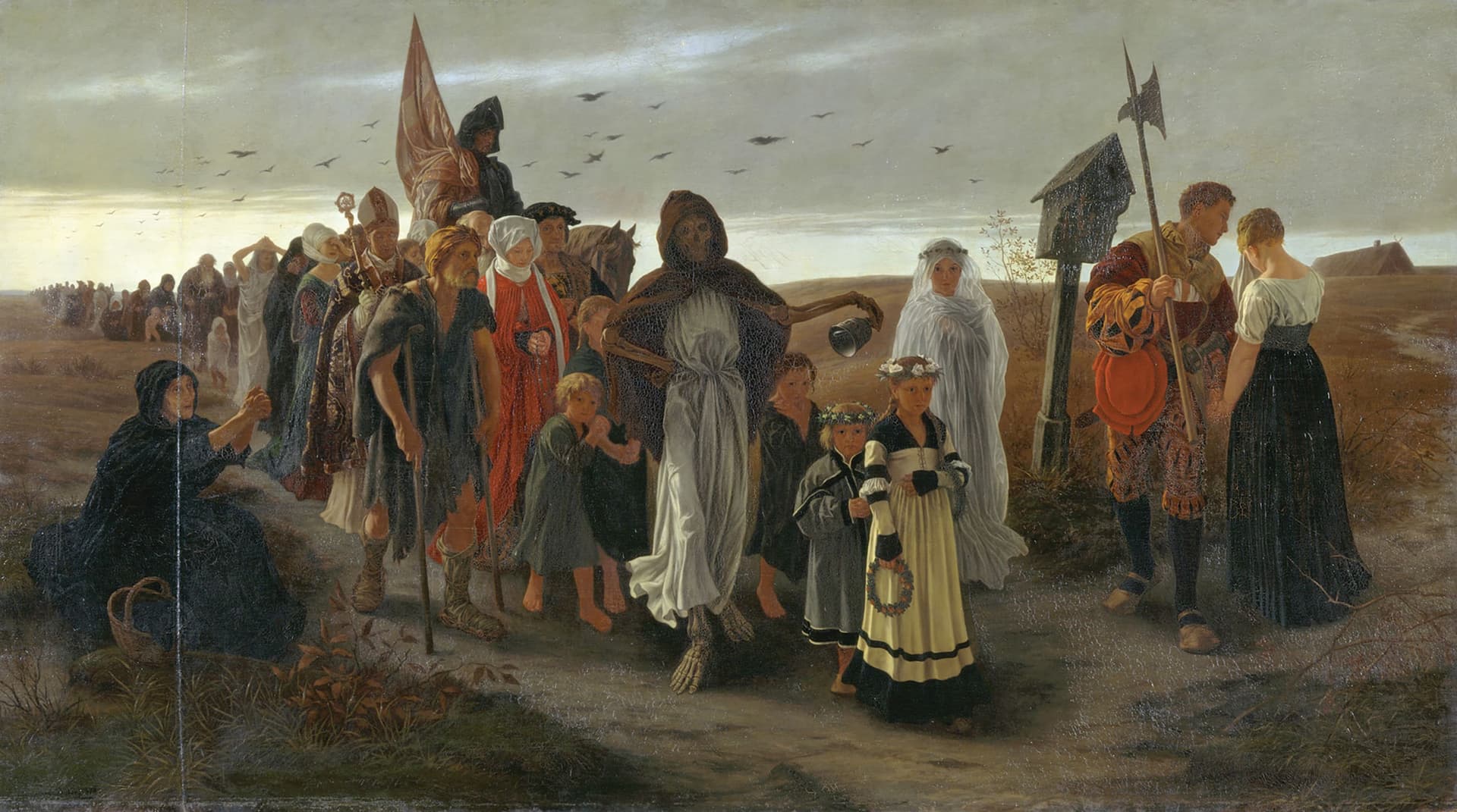 A painting of a group of people standing in a field