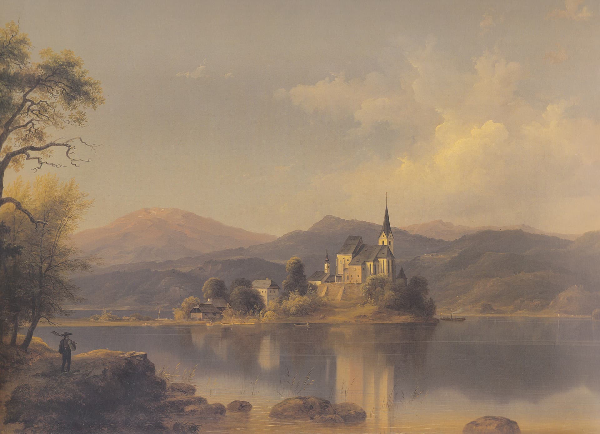 A painting of a castle on a lake with mountains in the background