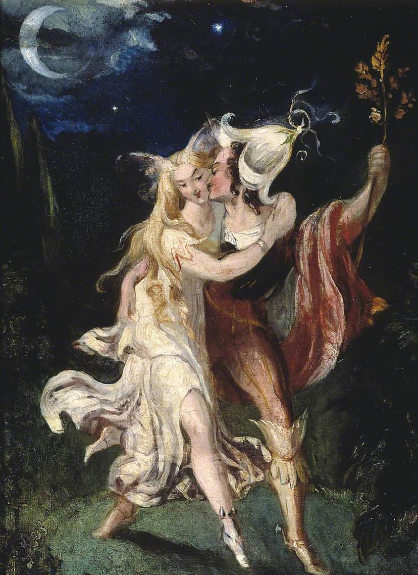A painting of two women dancing in the moonlight