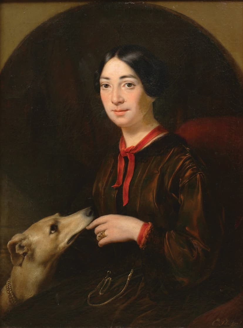A painting of a woman with a dog