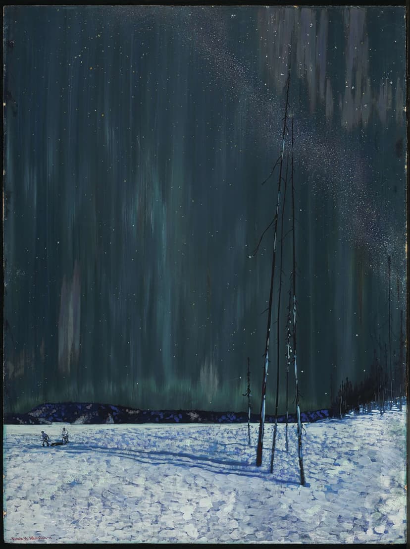 A painting of a snowy landscape with trees