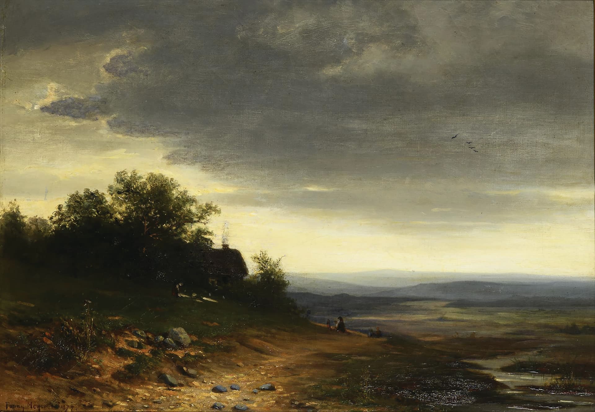 A painting of a landscape with a person on a hill