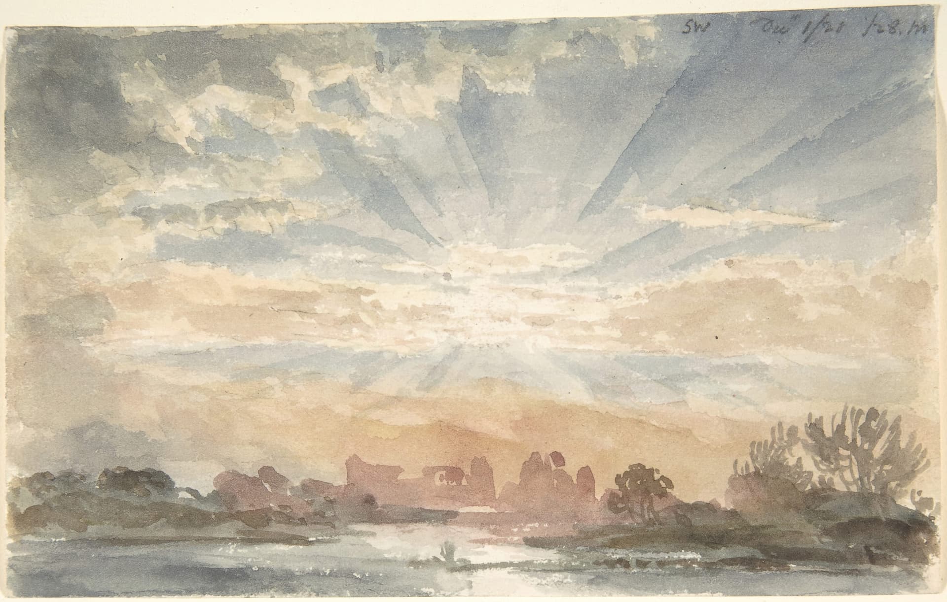 A painting of a sunset over a river