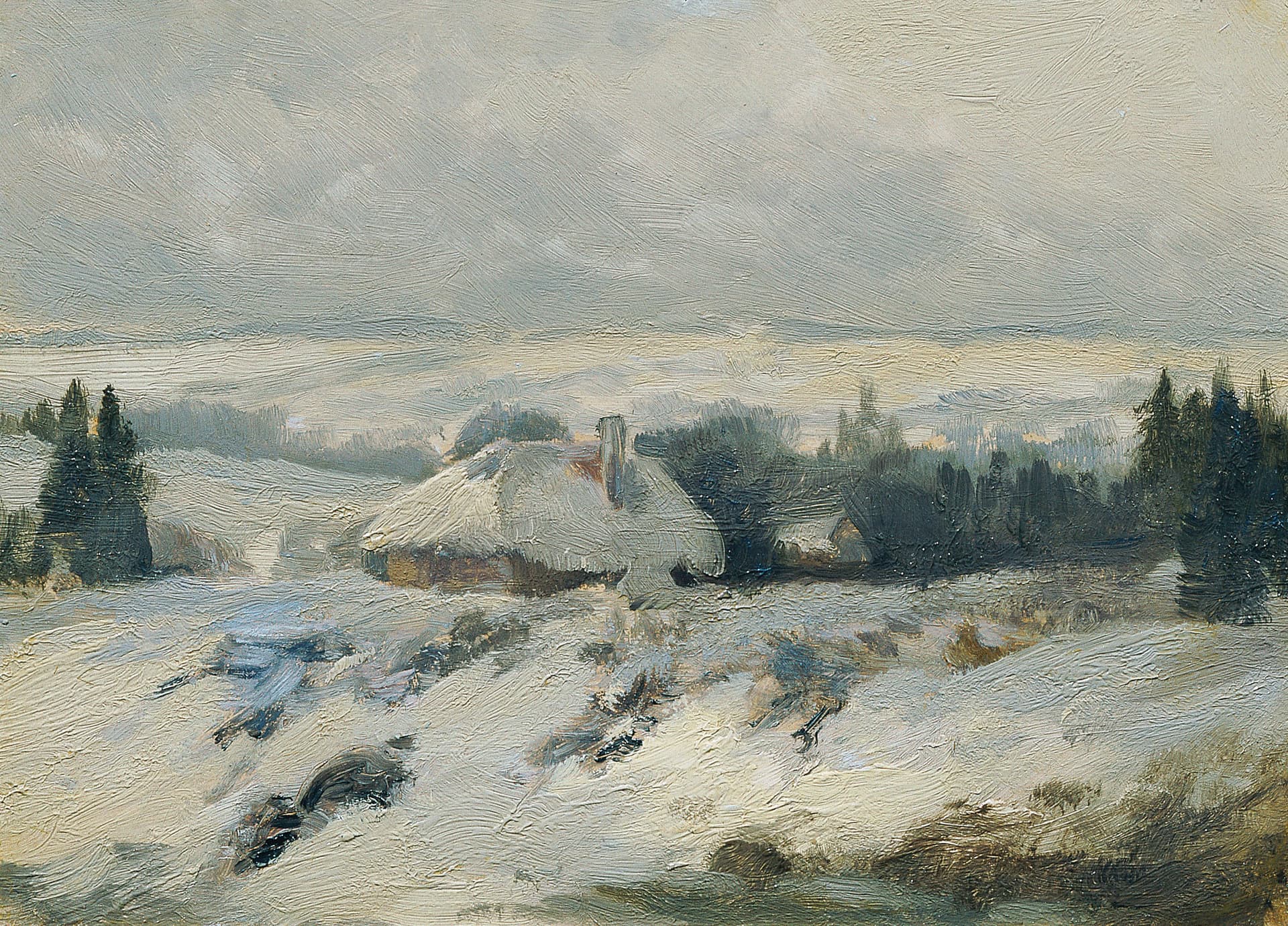 A painting of a snowy landscape with a house