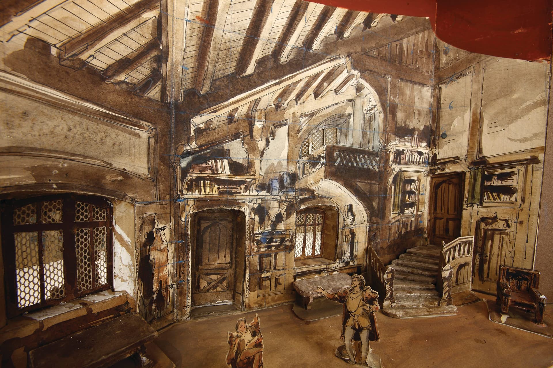 A painting of a man and a dog inside of a building