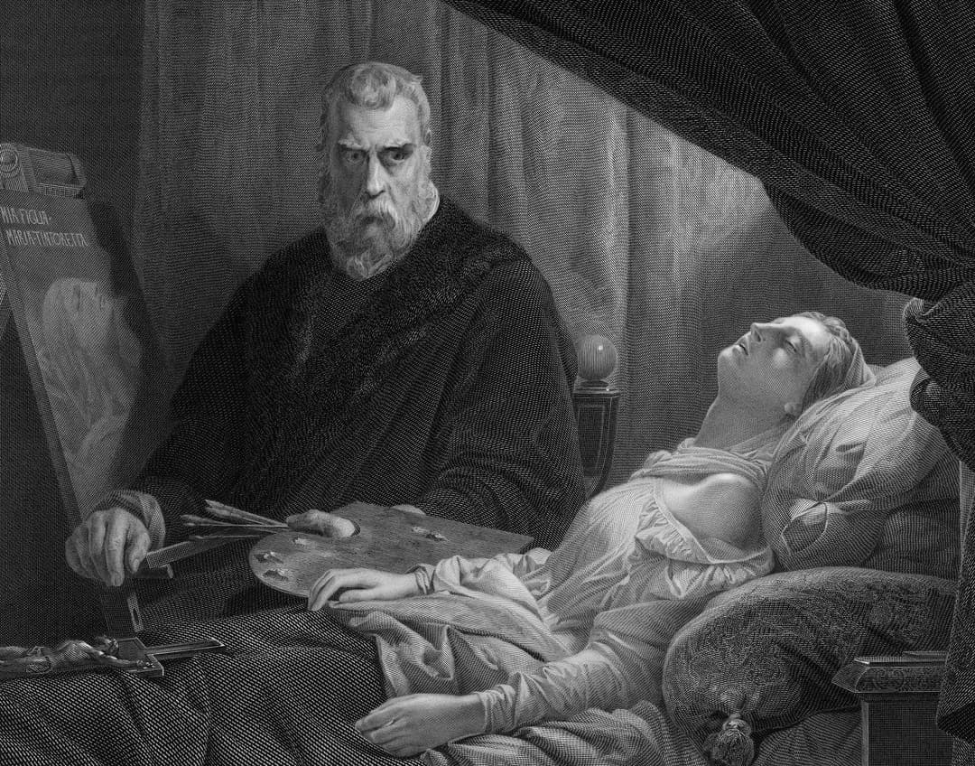 A black and white drawing of a man laying in bed next to a woman