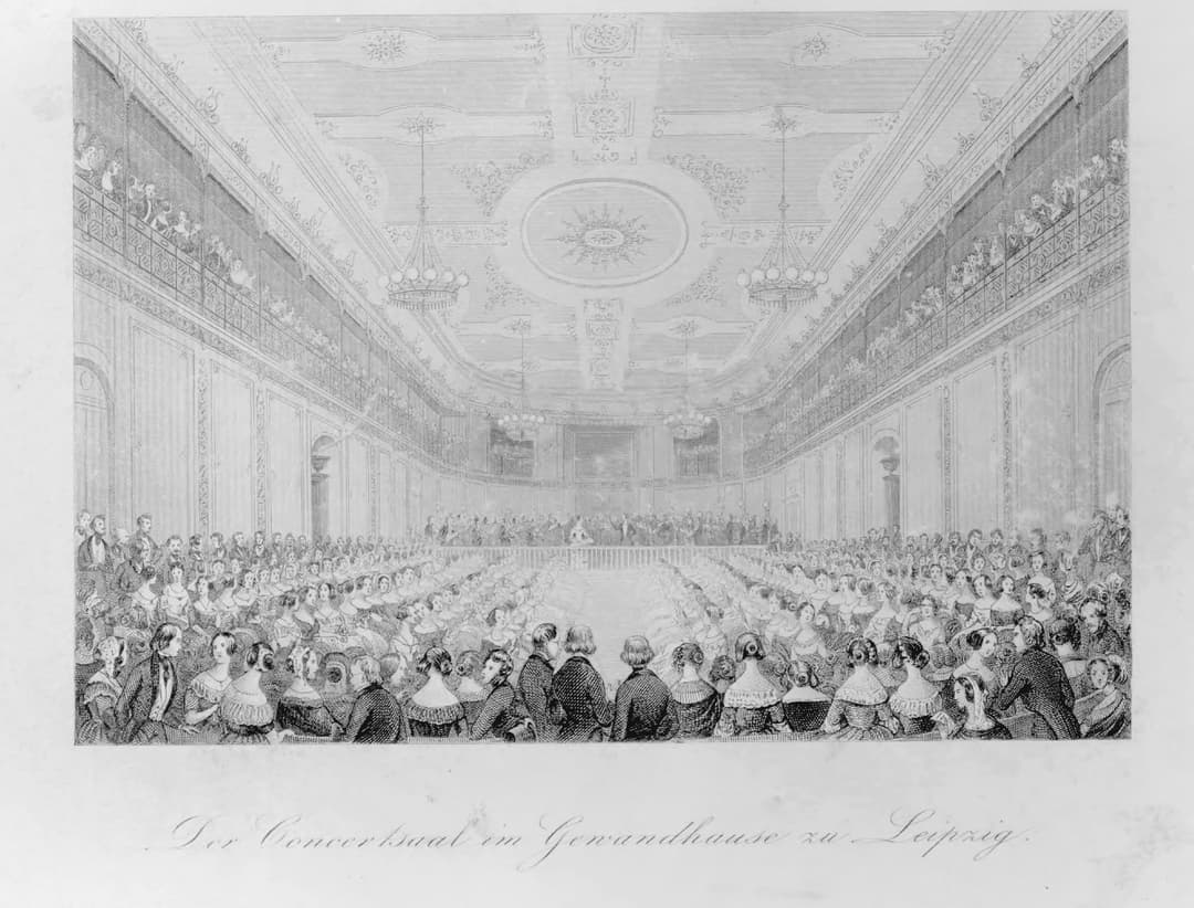 A drawing of a large room full of people